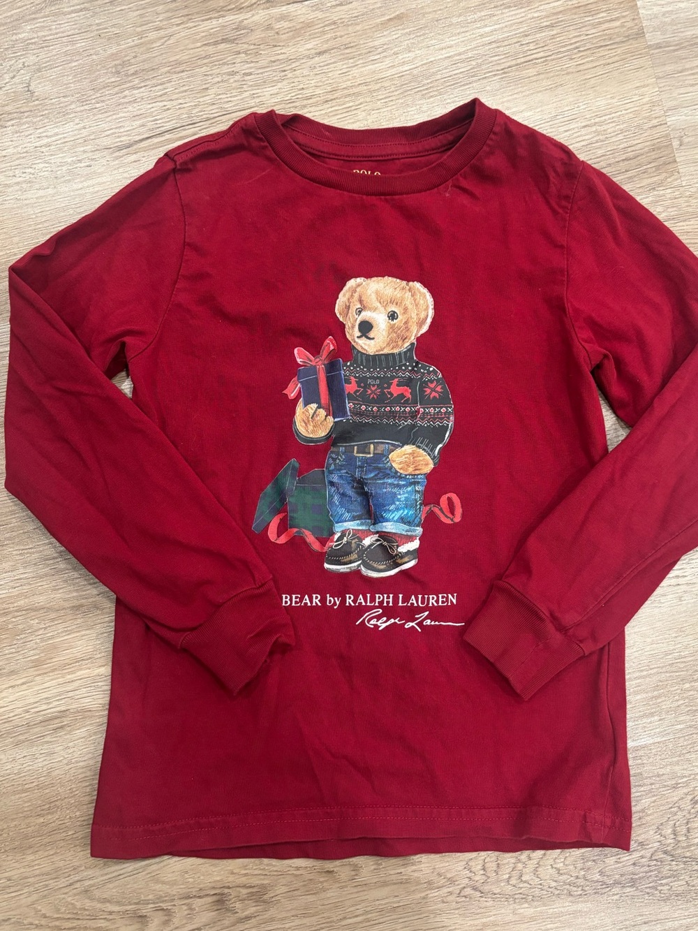 Polo Ralph Lauren Boys Size 6 Polo Bear Holiday Christmas Long Sleeve Shirt Red